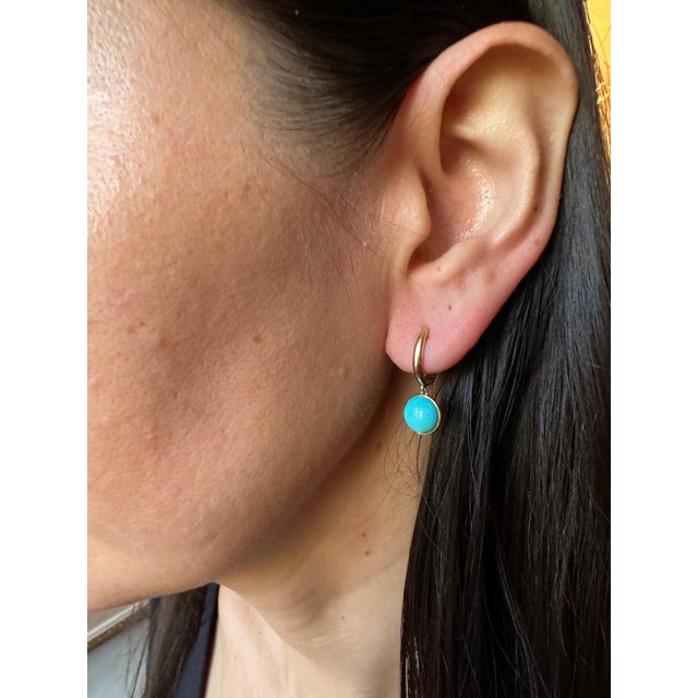Blue Turquoise Round Cabochon Yellow Gold Huggie Drop Statement Dainty Earrings, A Pair For Sale - Image 9 of 10