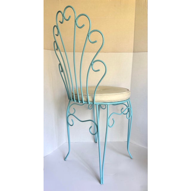 Vintage Aqua Wrought Iron Vanity Chair With Shell-Shaped Scroll Back & Cushion For Sale - Image 9 of 12