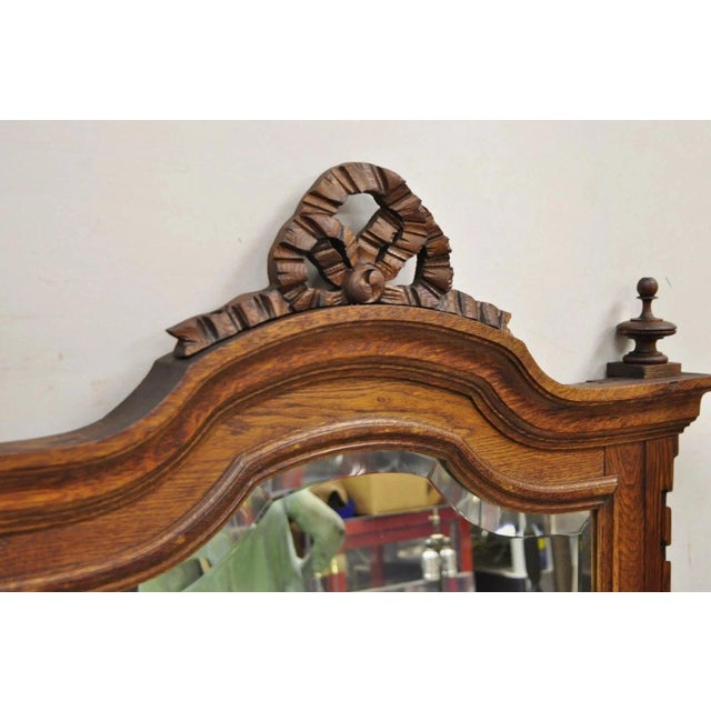 Brown Antique Victorian Carved Oak Wood Ribbon Crest Beveled Glass Wall Mirror For Sale - Image 8 of 10