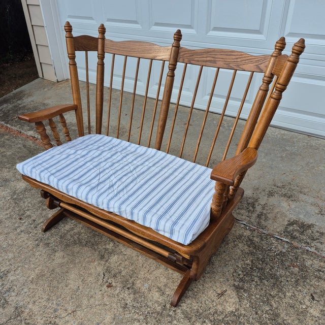 1990s American Oak Windsor Style 2-Person Double Glider Rocking Bench For Sale - Image 11 of 12
