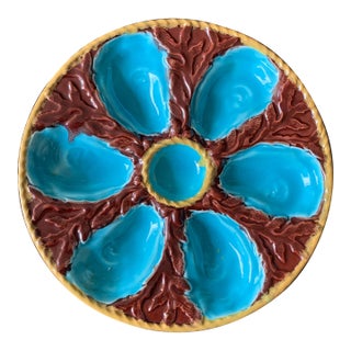 Antique S. Fielding Majolica Oyster Plate Turquoise & Brown Circa 1878 For Sale