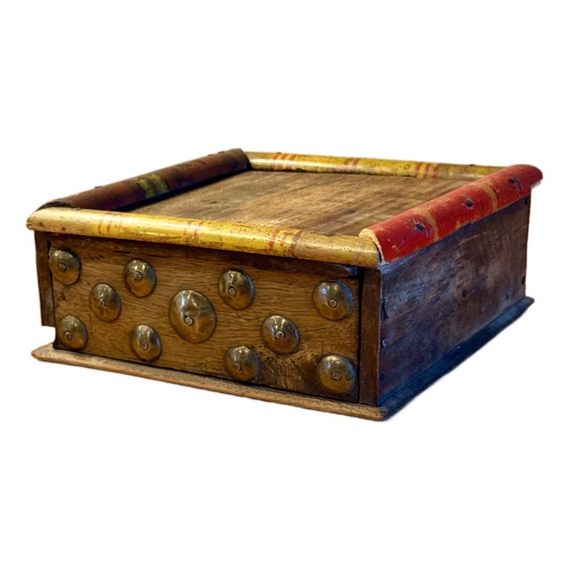 19th Century Antique Indian Polychrome Wood & Brass 4-Compartment Spice Box For Sale