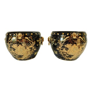 Small Vintage Mid Century Chinese Satsuma Black & Gold Foo Dog Cache Pot Planters - a Pair For Sale