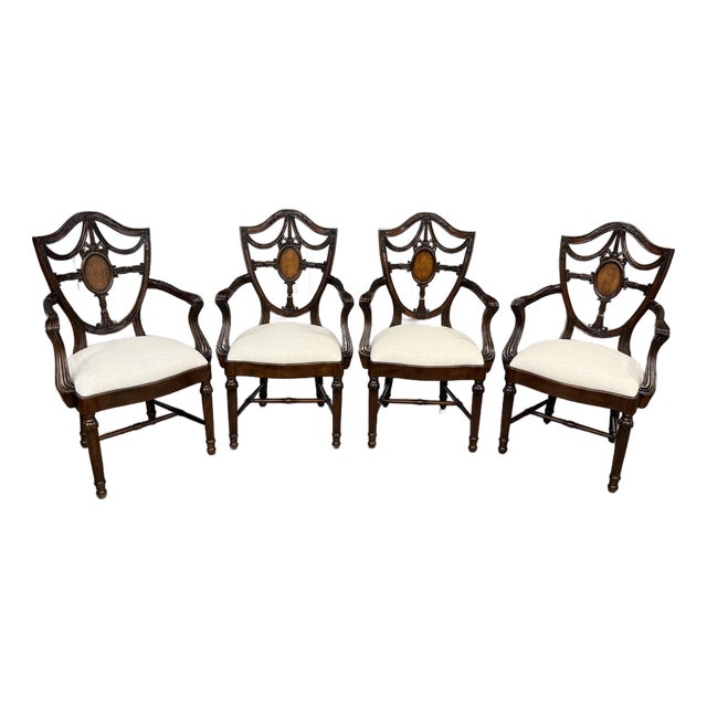 Set of Four Inlaid Shieldback Dining Chairs With Arms - Showroom Samples For Sale