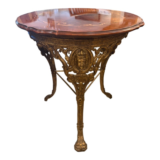 Late 19th Century Gilt Cast Iron Table With Marquetry Top For Sale