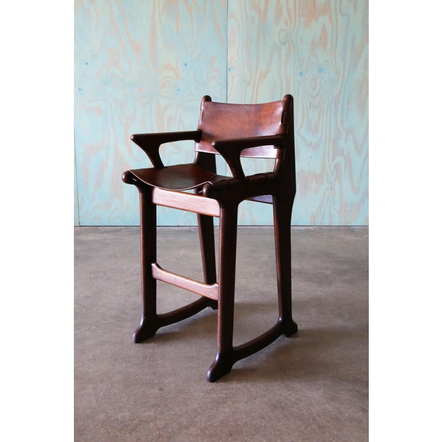 1960s Sergio Rodrigues Style Brazilian Barstools in Patinated Leather - Set of 4 For Sale - Image 10 of 15