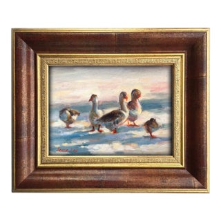 Framed Original Animal Painting Geese Bird Goose Landscape by Valeriya Serova For Sale