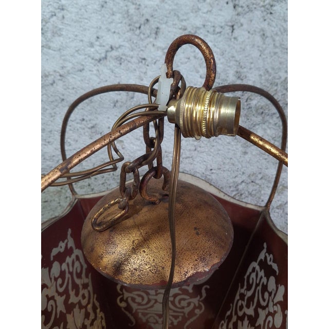 Baroque Hanging Lantern in Acid-Etched Glass and Bordeaux Sheet Metal, 1890s For Sale - Image 4 of 7