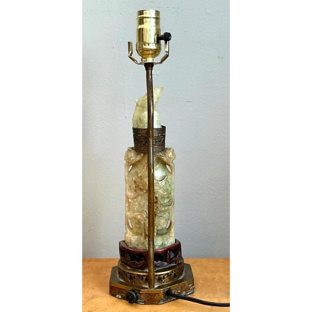 Vintage Jadite Carved Lamp With Brass For Sale - Image 9 of 12