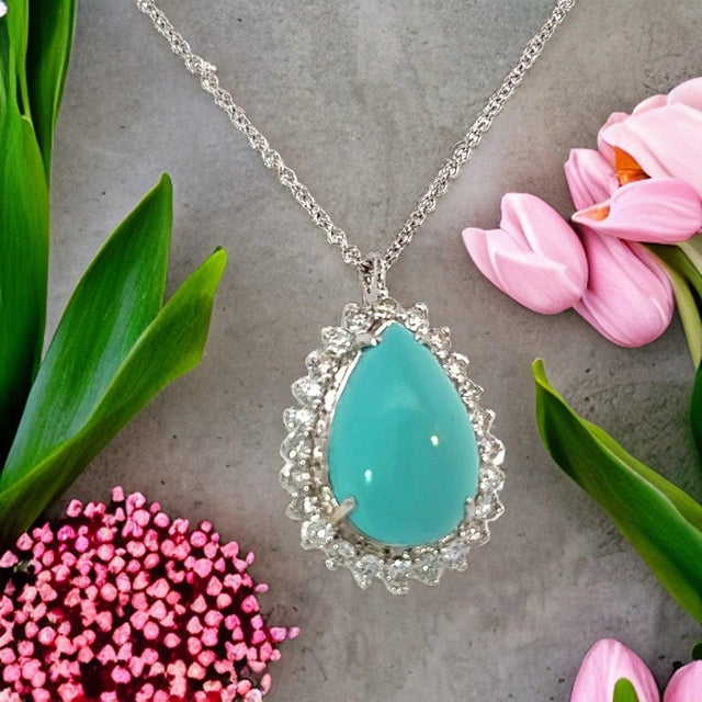 Persian Turquoise Diamond Pendant With Chain 17" 14k WG 9.9 TCW Certified For Sale - Image 16 of 18