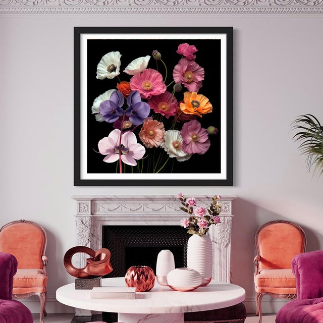 This photograph showcases a bouquet of delicate, vibrant poppies in various shades of white, blue, yellow, and pink, set...