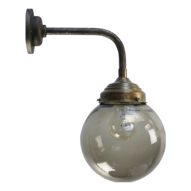 Vintage Smoked Titanium Glass, Brass and Cast Iron Sconce For Sale