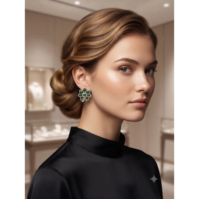 Emerald Natural Sapphire, Emerald & Diamond Earring in 14k Gold For Sale - Image 8 of 8