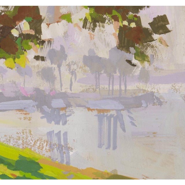 Impressionist Shoreline Shade by Judd Mercer | Gouache On Paper Tree casting shadows on a grassy shoreline. For Sale - Image 3 of 5