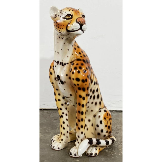 Large vintage seated Mid-Century Modern ceramic cheetah. Beautifully hand-molded, hand painted, and glazed. Marked "Made...