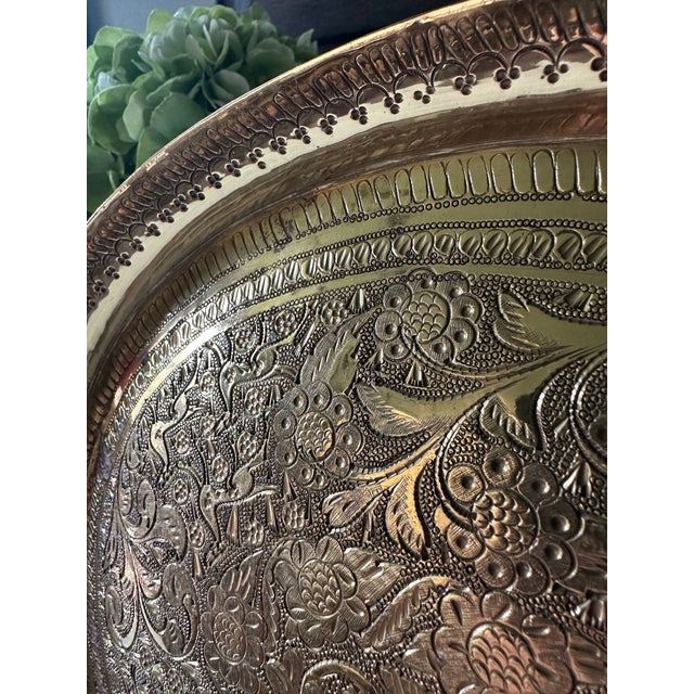 Vintage 1940s Benares Hand-Chased Heavy Gauge Brass Valet Tray With Foliage & Animal Motifs For Sale - Image 9 of 12