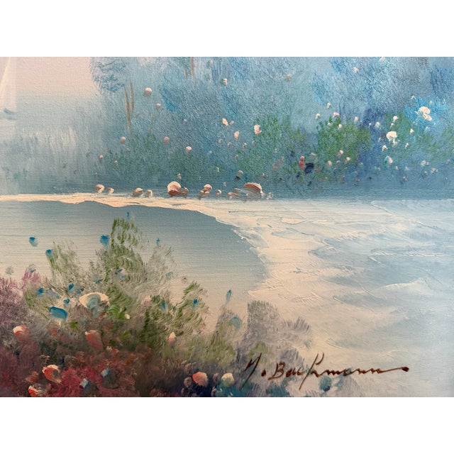 Late 20th Century Large Impressionist Landscape Oil Painting Signed Bachmann Lakeside Garden For Sale - Image 11 of 12