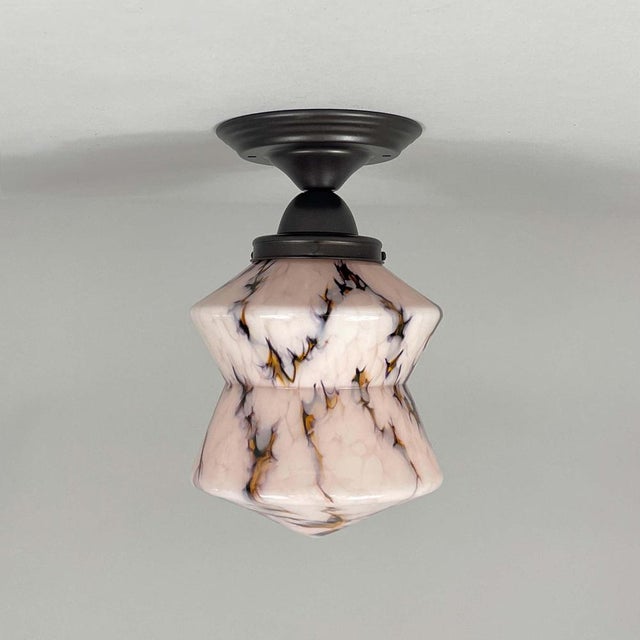 Art Deco Pale Rose Marbled Opaline Glass and Burnished Flush Mount, Germany, 1930s For Sale - Image 3 of 18
