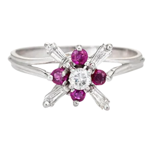 Mid 20th Century Diamond Ruby Star Ring Vintage 18 Karat White Gold Fine Cocktail size 6.25
