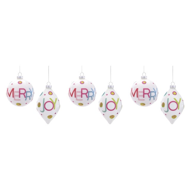 Glass Glass Merry and Joy Ornaments (Set of 6) For Sale - Image 7 of 7