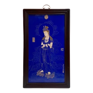 Chinese Porcelain Buddhist Temple Plaque Standing Kuan Yin