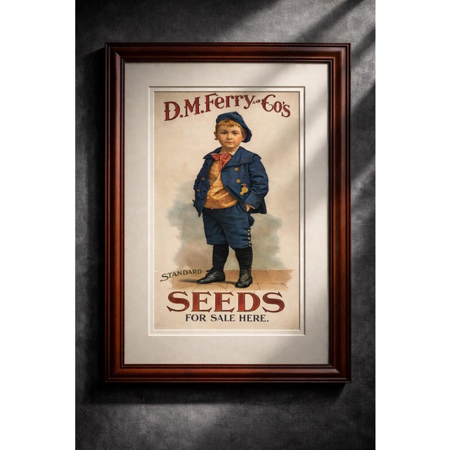 Vintage-style D.M. Ferry & Co. “Seeds for Sale Here” advertising print mounted on board and still in original plastic....