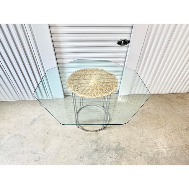 Mid-Century Modern Vintage Harvey Probber Style Chrome Glass and Wicker Dining Table For Sale - Image 3 of 8