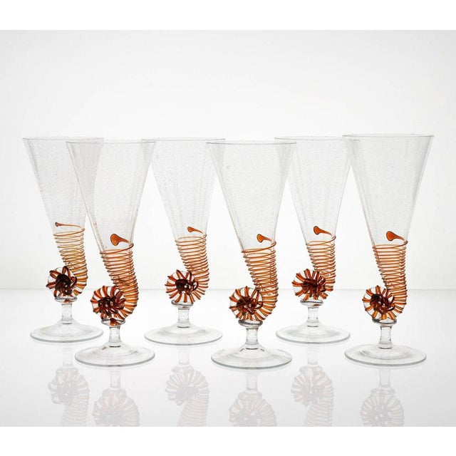 Amber Murano Glass and Pulegoso Nautilus Flutes from Cenedese, 1950s, Set of 6 For Sale - Image 9 of 18