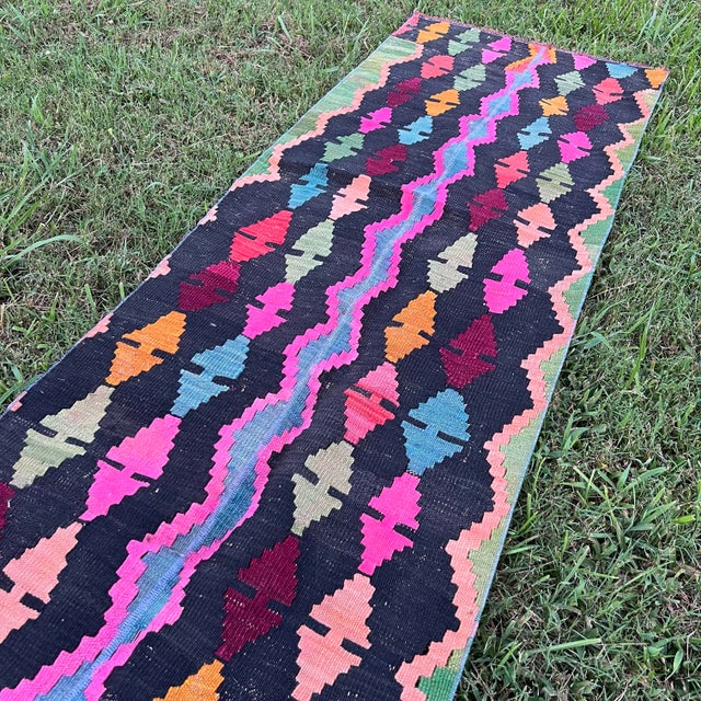 Boho Chic 1940s Vintage Diamond Pattern Bright Colors Flatweave Kilim Rug For Sale - Image 3 of 7
