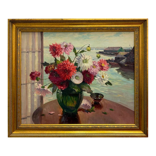 Vintage Irene Stry Still Life Painting With Harbor Scene Background For Sale