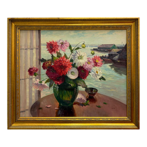 Vintage Irene Stry Still Life Painting With Harbor Scene Background