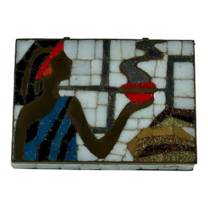 1960s Vintage Salvador Teran Handwrought Mosaic Brass Trinket Box With Egyptian Motif
