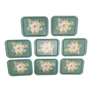 Vintage Green Flower Print Metal Trays- Set of 8 For Sale