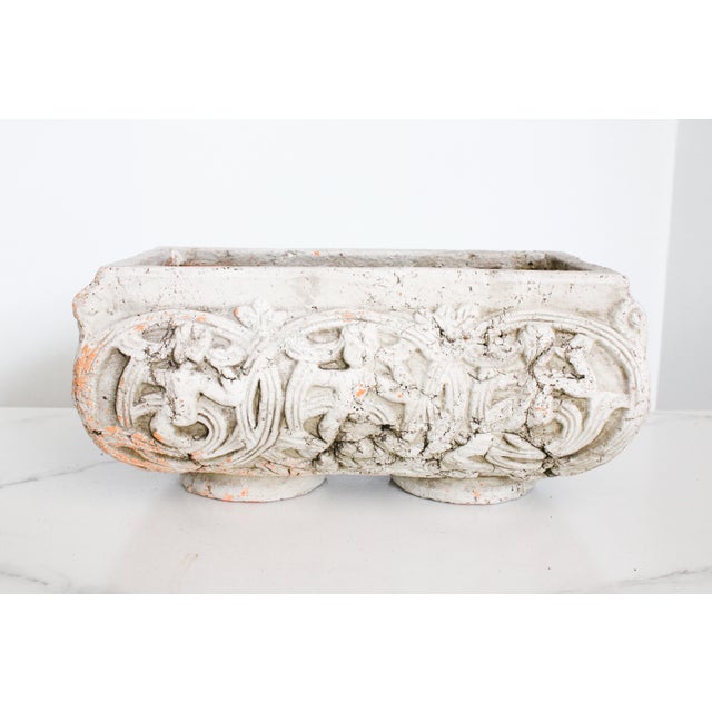 English Weathered French Style Pottery Cachepot/With Raised Scrollwork For Sale - Image 3 of 5