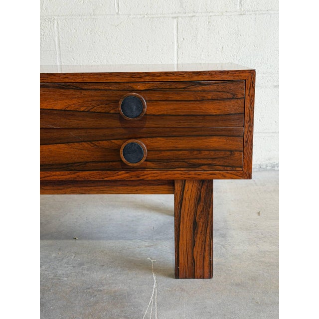 Wood Rosewood Low Chest Entry Bench Drawers Symmetrical Grain Storage Sweden 1960s For Sale - Image 7 of 10