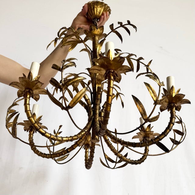 Metal Vintage Hollywood Regency Gilt Faux Bamboo Metal Chandelier For Sale - Image 7 of 10