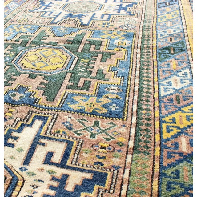 Late 19th Century Late 19th Century Antique Colorful Kuba Caucasian Rug With Star Medallions in Green Blue Yellow For Sale - Image 5 of 6