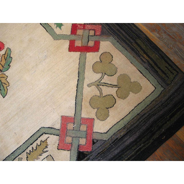 1920s Ivory Floral Craftsman Antique American Hooked Rug 5'9" X 6' Knotted Wool Cotton Carpet For Sale - Image 4 of 5