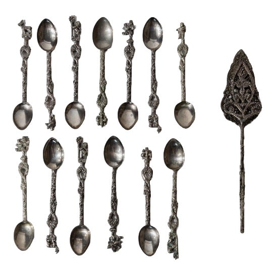 Vintage Silver Plated Tea and Cake Serving Set, 1930s, Set of 14 For Sale