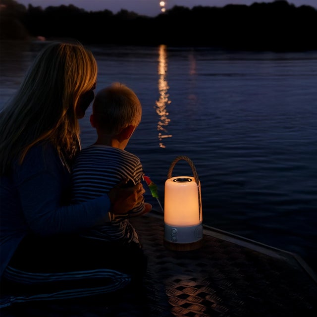 Wood Groove+ Cordless LED Outdoor Table Lamp with Dimmer, Built-in Rechargeable Battery, 3-Level Brightness, Bluetooth Speaker / Color Changing, White For Sale - Image 7 of 11