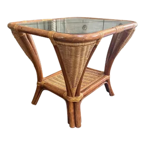1970s Vintage Bent Bamboo & Wicker Glass Top Table