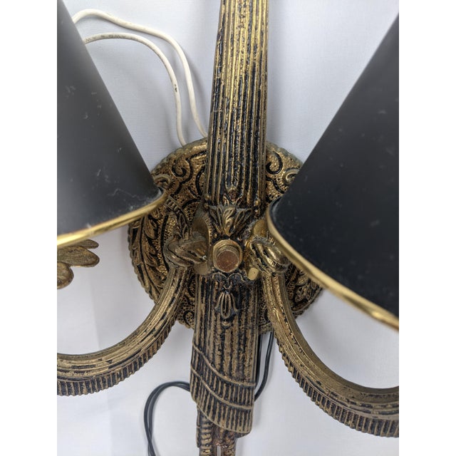 Vintage Ornate Gold-Tone Two-Light Wall Sconces With Shades - Pair For Sale In New York - Image 6 of 18