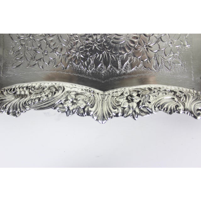 Early 20th Century Ornate Silver Plated Square Tray Platter Vintage Plate Embossed Chased Serving For Sale - Image 5 of 14