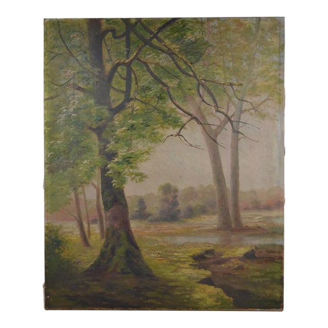 French School of the 20th Century “Landscape at the Pond” Oil on Canvas For Sale