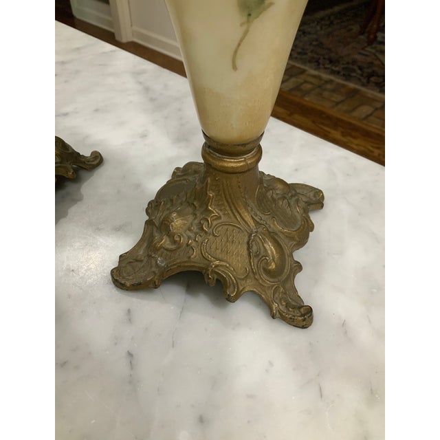 Ceramic Pair Antique Hand‑Painted Porcelain & Brass Mantel Ewers / Garniture / Roses Motif For Sale - Image 7 of 10