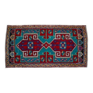 1960s Vintage Small Turkish Rug Turquoise Kitchen Bathtoom Entry Decor 2x4 Ft Approx For Sale