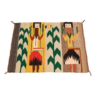 Vintage Native American Yei Rug, Handwoven Wool, Navajo Deity Pictorial Pattern, 20” X 26” For Sale