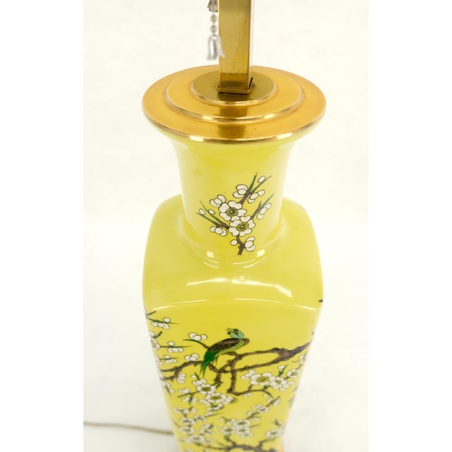 Trees & Birds Decorated Ceramic Asian Vase Shape Table Lamp on Brass Base MINT For Sale - Image 4 of 9