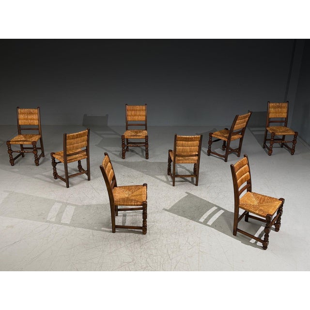 Mid-Century Modern Charles Dudouyt Style, Eight Rustic Dining Chairs, Oak, Rush, France, 1940s For Sale - Image 3 of 10