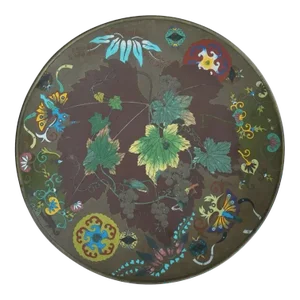 Antique Japanese Cloisonne Charger With Insects and Fall Foliage Plate Goto School